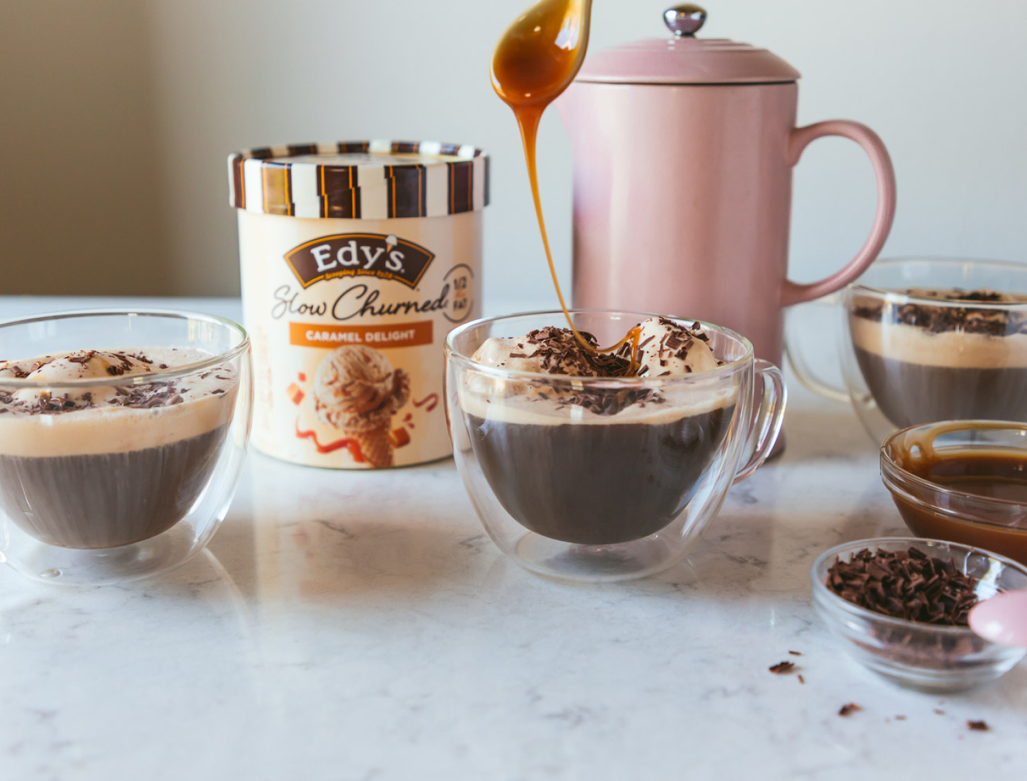 3 cups of slow-churned caramel mocha coffee