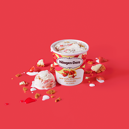 ICE CREAM New York Strawberry Cheesecake Velvety cheesecake ice cream, with a swirl of strawberry sauce and soft spiced graham cracker crust pieces. Silky sweet with a touch of tart.