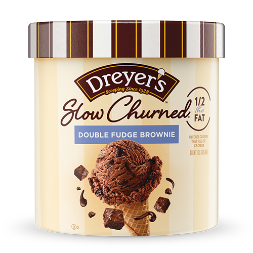 Carton of Dreyer's slow-churned double fudge brownie ice cream